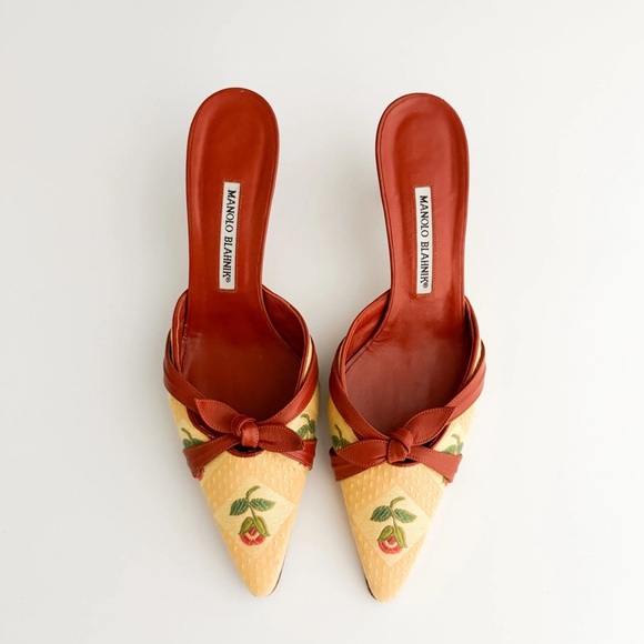 Manolo Blahnik Shoes - Manolo Blahnik Tan and Red Floral Mules